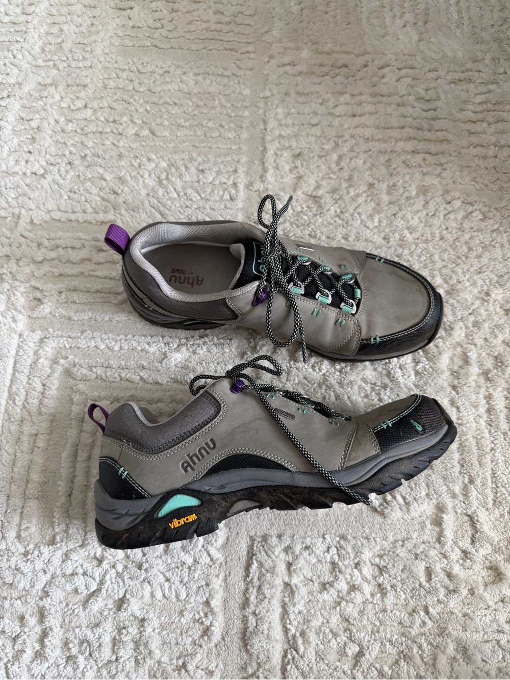 Ahnu Women’s Gray Trail Sneakers with Vibrant Soles hiking shoes